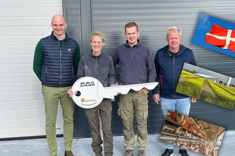 An ornamental key from Germany as a memento of the inauguration. From left to right: Sebastian Dierken (Big Dutchman), Ditte and Morten Helsted, Glen Nielsen (Om GN Triova Aps)